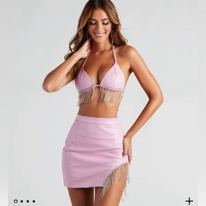 Windsor Pink Sexy Shimmer Rhinestone Faux Leather Halter Bra and Skirt Set